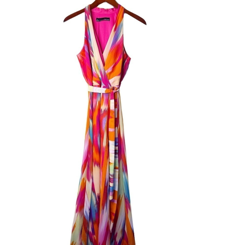 CHETTA B Sleeveless Tie Waist Maxi Dress in Bright Watercolor Pink Size 4